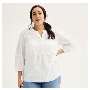 Croft & Barrow Eyelet Detail Popover Top Blouse White Women’s 1X Plus